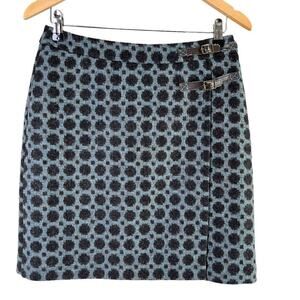 Boden 100% Wool British Tweed Faux Wrap Mini‎ Skirt Polka Dot Blue Black, Size 6